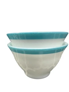Set of 2 VTG SUGAR BOWL PYREX BLUE BAND Milk Glass Turquoise Aqua Rim NO LIDS - Picture 1 of 11