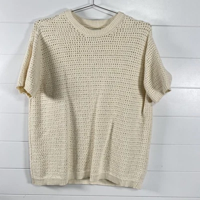 American Eagle Sweater Womens M Cream Short Sleeve Cotton Open Knit Crewneck - Image 1 of 4