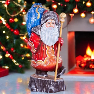 Estatuilla de Papá Noel de madera de colección con saco azul — decoración navideña tallada a mano - Imagen 1 de 14