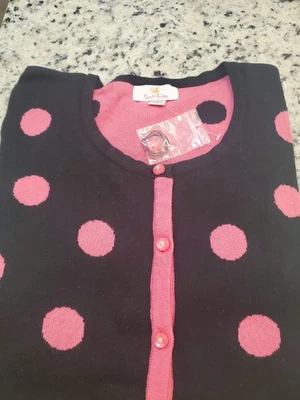 Quacker Factory Button Down Cardigan Sweater M Size. Black With Pink Polka Dots. - Image 1 of 4