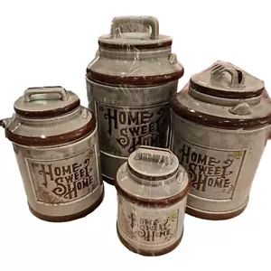 VTG Ceramic Milk Can Home Sweet Home 4 pc Canister Set W/Lids Brown made InJapan - Picture 1 of 23