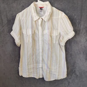 The North Face Shirt Womens XL Orange Ivory Striped Short Sleeve Organic Cotton - Picture 1 of 12