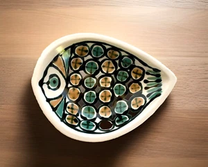 Vintage Hand Decorated Pottery Trinket Dish, Fish 6-1/8" - Picture 1 of 9