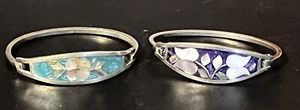 2 Vintage Mexico Silver Inlaid Turquoise & Pearl Clamper Bangle Hinged Bracelet - Picture 1 of 10