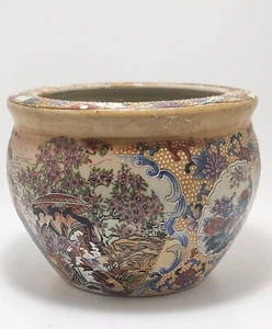 Vintage Japanese Small Pot Geisha Girls Suitors Peacocks Blossoms 4”w x 3”ht - Picture 1 of 16