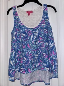 Lilly Pulitzer Tank Top Size Medium Blue My Fans High Low With Crocheted Back - Picture 1 of 5