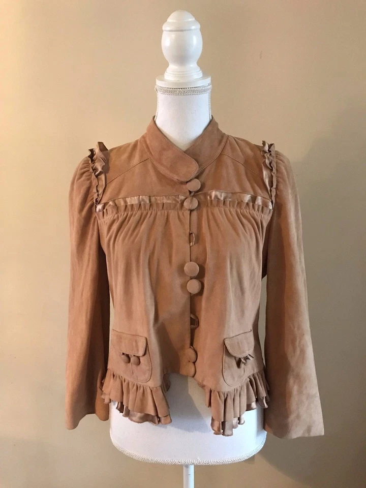 Chaqueta de cuero Madison Marcus de gamuza suave y seda con volantes ~ bronceado/camello ~ mediana $600 Foto 1 de 1