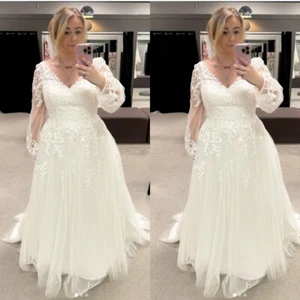 V Neck Wedding Dresses Long Sleeves Elegant White Ivory Beach Grass Bridal Gowns - Picture 1 of 14