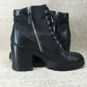 BP Boots Womens Size 9 Black Leather Ankle Lace Up Side Zip Lug Sole Block Heel - Picture 1 of 13