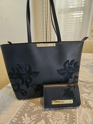GUESS Navy Blue Floral Embroidered Purse With Matching Wallet - Image 1 of 4