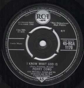 Perry Como I Know What God Is 7" vinyl UK Rca 1960 Four prong label design b/w - Image 1 of 1