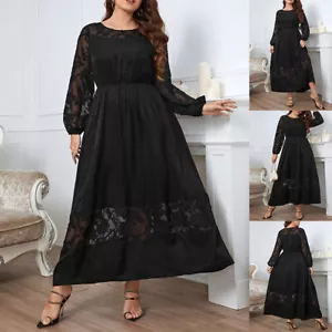 Women Solid Lace Long Sleeve Midi Dress Lady Loose Casual A-Line Dress Plus Size - Picture 1 of 13