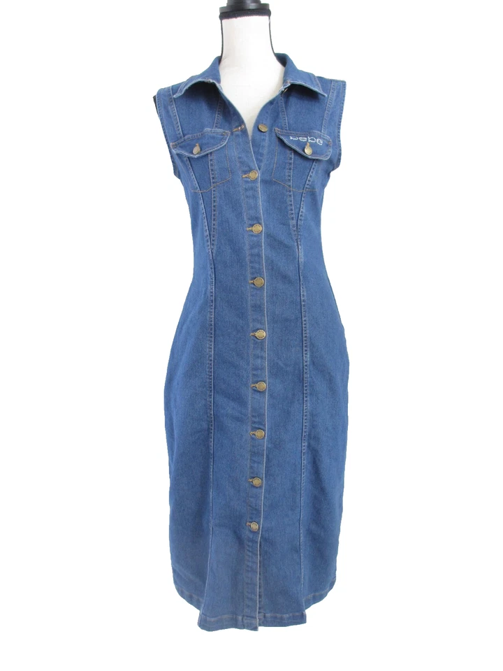 BEBE 牛仔牛仔裤连衣裙女式 M 蓝色性感合身无袖按扣长裙水钻 — 第 1/4 张图片