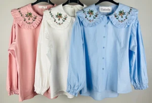 LADIES ITALIAN SPRING 2025 FLORAL EMBROIDERY PETER PAN COLLAR PUFF SLEEVE SHIRT - Picture 1 of 7