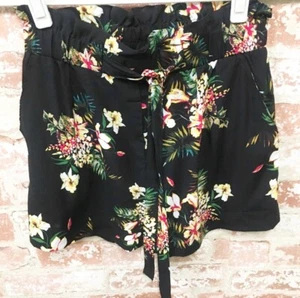 Ambiance Apparel Black Floral Paper Bag Tie Waist Shorts Size S - Picture 1 of 6