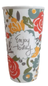 TAG Tea Coffee Travel Mug Porcelain ENJOY TODAY Script Floral Roses - Picture 1 of 12