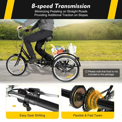 20 Inch Adult Tricycle 3 Wheel Bicycle 8 Speed with Shopping Basket Tricycle - Image 1 of 4