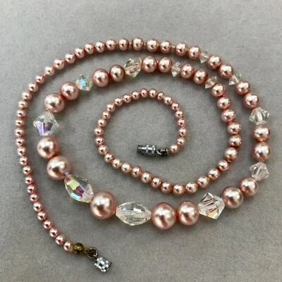 Quality Art Deco Rose Pink Glass Pearl and Aurora Borealis Bead Necklace - Image 1 of 4