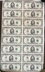 Series 1995 $5 notes uncut sheet Atlanta - 2 x 8 = 16 total, s/n 99xxxxxx - Picture 1 of 5