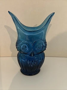 Rainbow Viking Glass Blue Owl Vase Hand Blown Vintage - Picture 1 of 6