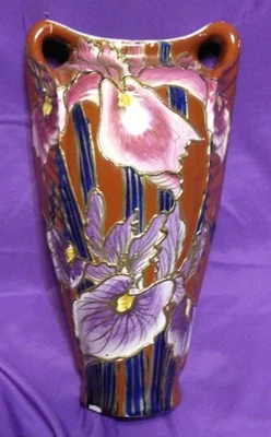 Old Vintage Antique Art Pottery Asian Vase Urn China or Japanese Iris Flowers - Image 1 of 4
