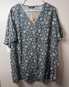 Bloomchic Women’s Plus Size Blouse 22-24 Green Floral Button-Up NWT - Picture 1 of 5