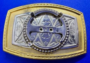 Blank Coin Centerpiece Holder Collectors Vintage Two Tone Belt Buckle - Picture 1 of 18