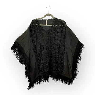 Elan Black Crochet Lace Fringe Poncho Top Boho Whimsigoth Festival O/S - Image 1 of 4