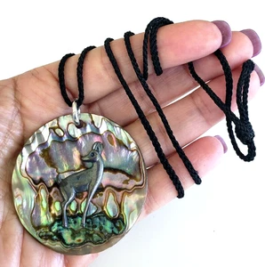 Vintage Abalone Round Pendant w/ Deer Necklace 26" Black Cord Knot Clasp - Picture 1 of 7