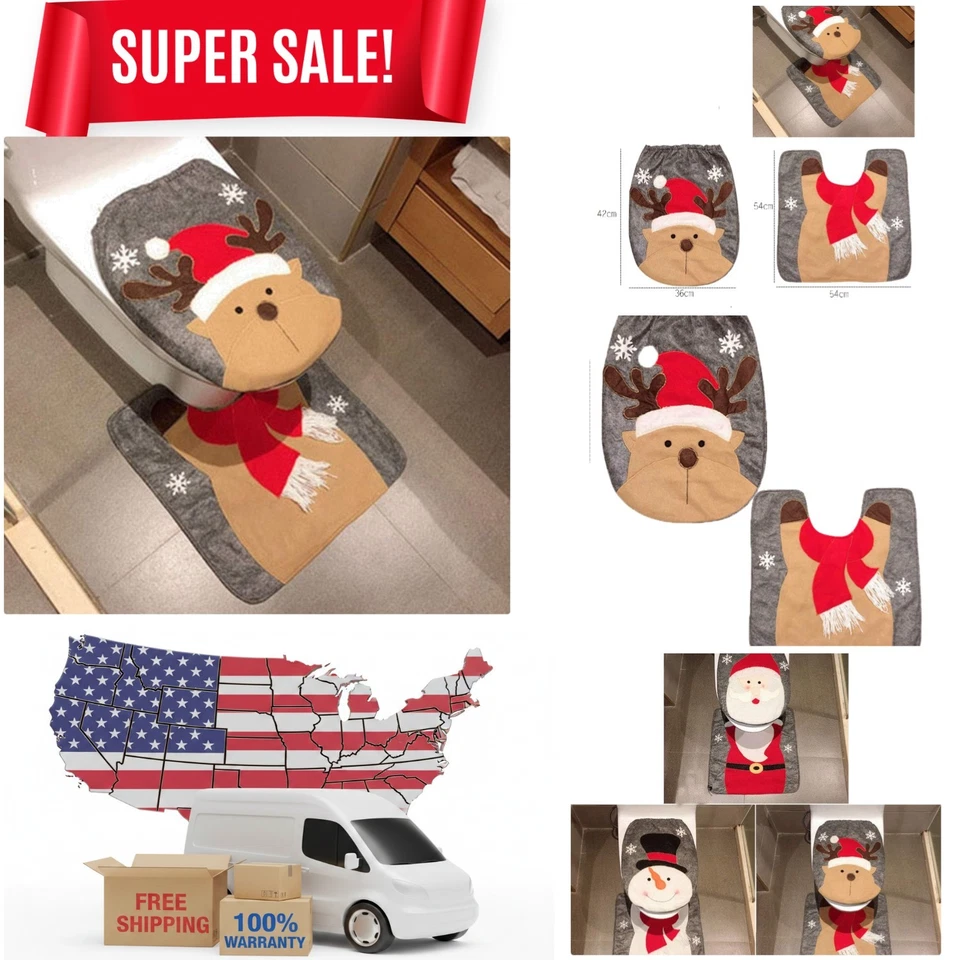 Encantadora cubierta de asiento de inodoro y alfombra roja de ciervo de vacaciones - perfecta para alegría de temporada Foto 1 de 4