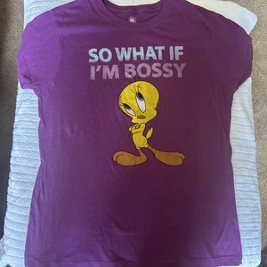 LOONEY TUNES Tweety Bird Purple Tshirt “ So What If I’m Bossy” Womens Sz L 11/13 - Picture 1 of 7