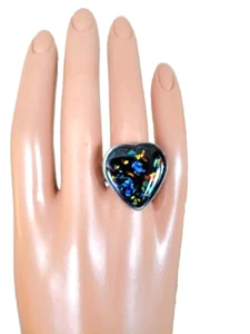 Black Opal Ring in Resin; Large Heart Ring in Stainless-Steel Adjustable Setting - Picture 1 of 7
