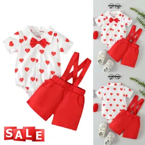 Baby Boys Gentleman Outfit Bow Tie Romper Shirt Suspender Trousers Pants Suits - Picture 1 of 12