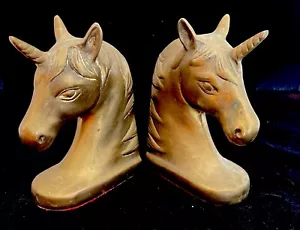 Unicorn Bookends Brass Vintage Heavy 7" Tall Red Felt Set Head Mount Bust - Picture 1 of 12