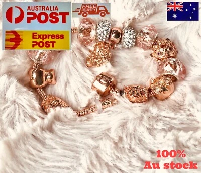18KROSE GOLD FILLED AUSTRIAN CRYSTALS EUROPEAN LOVE HEART 8” BRACELET - image 1 of 4