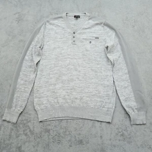 Guess Henley Henley Sweater Men's M Medium Gray Knit Pullover Long-Sleeve Pocket - Picture 1 of 12