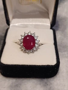 Solid Silver Large Ruby + Cubic Zirconia Cluster Ring 925 UK Size T1/2 Not Scrap - Picture 1 of 5