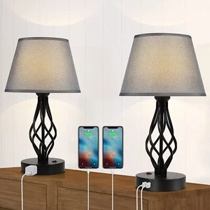 Set of 2 Table Lamps w/Dual USB Port & AC Outlet Bedroom Bedside Nightstand Lamp - Picture 1 of 11