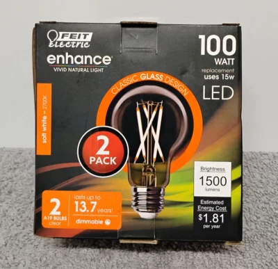 2 Pack NEW Feit Electric 100 W 1500 Lumens 2700K Dimmable A19 LED Light Bulbs. - Image 1 of 4
