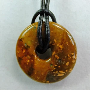 Brown w Tan Spots Jasper Small 1 1/8" Stone Donut Leather Cord Necklace NEW #72 - Picture 1 of 3