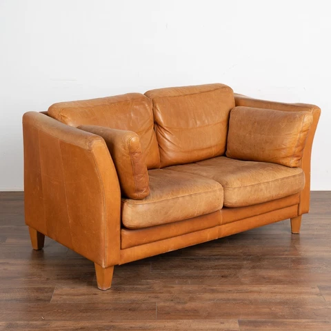 Mid Century Modern Two Seat Sofa Loveseat in Caramel Brown Leather, Denmark circ Cover