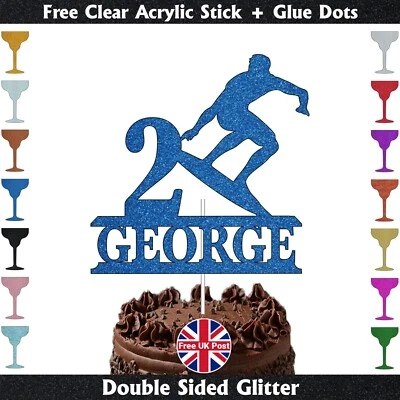 Personalised Surfing Birthday Glitter Cake Topper Surfer Dude with Surfboard - Image 1 of 4
