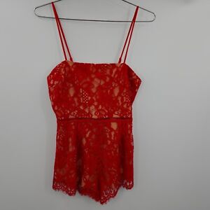 Tobi Womans Size Med Red Lace Spaghetti Strap Romper Nude Lined Square Neck NWT 