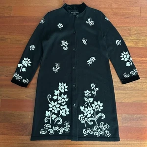 Cardigan maglione vintage Josephine Chaus Duster nero floreale taglia grande donna - Foto 1 di 4