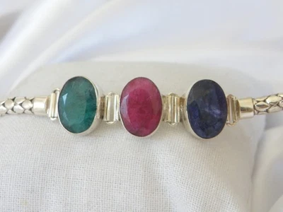Vintage Sterling Silver 925 Sapphire Ruby Emerald Station Adjustable Bracelet - Image 1 of 4