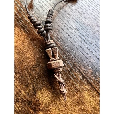 Genuine Leather Metal Mens Necklace Brown Handmade Adjustable Spikes Bolt Wire - Image 1 of 4