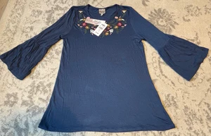 Camicia donna Como vintage ricamata manica a campana blu, nuova - Foto 1 di 8