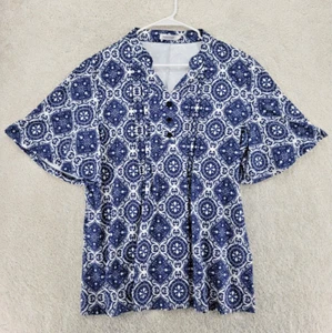 Hocosit blouse blue and white pullover, pleated poly blend womans XL - Picture 1 of 8