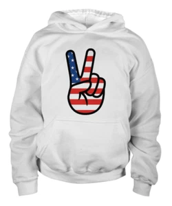 American Flag Peace Sign Fingers Kids Youth Hoodie | Patriotic USA Pullover - Picture 1 of 18
