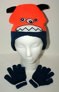 Süß Strick Orange Monster Winter Mütze Handschuh Neu Kleinkind Säugling Blau Fäustling Mütze Set - Bild 1 von 3